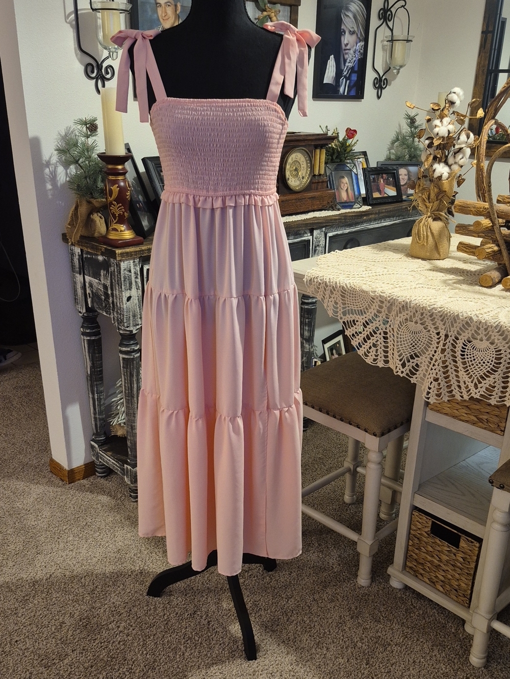 miami Light Pink Tie-Shoulder Tiered Maxi Dress